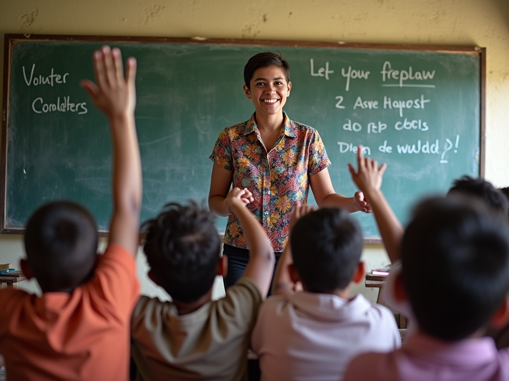 Volunteer teacher engaging with students in a rural classroom