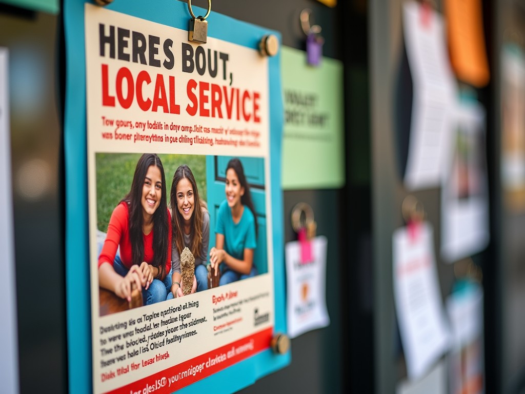 A colorful flyer about a community service event posted on a community board.