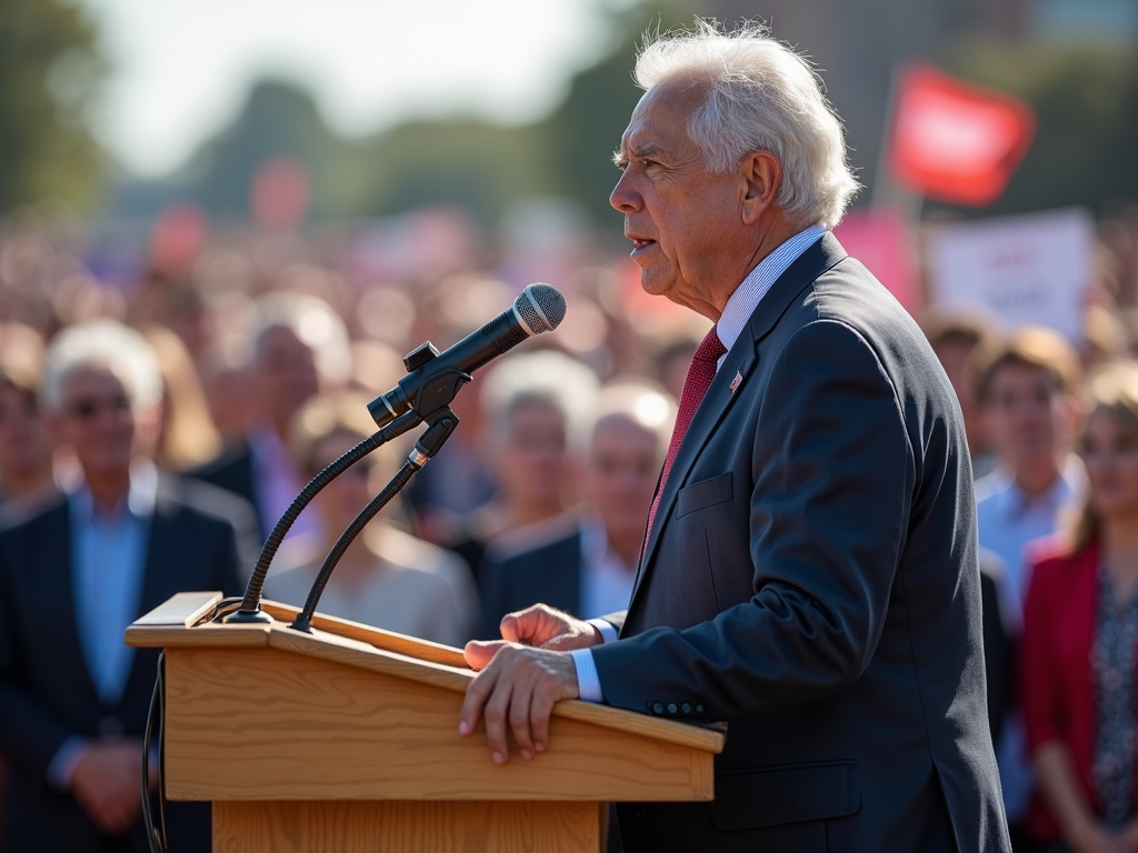 Advocate speaking to a crowd at a campaign rally.