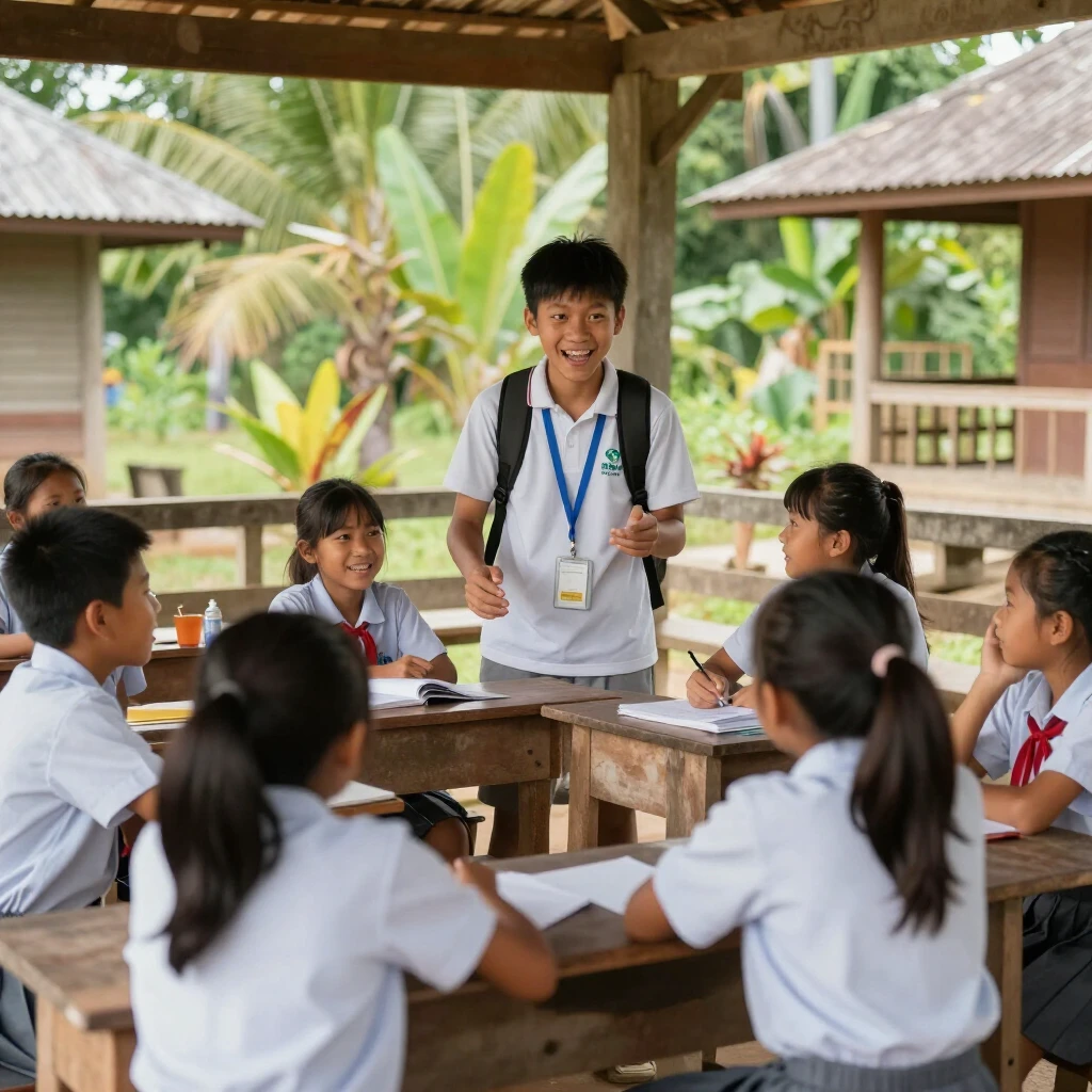 College volunteer engaging children in an English lesson in a Thai village classroom