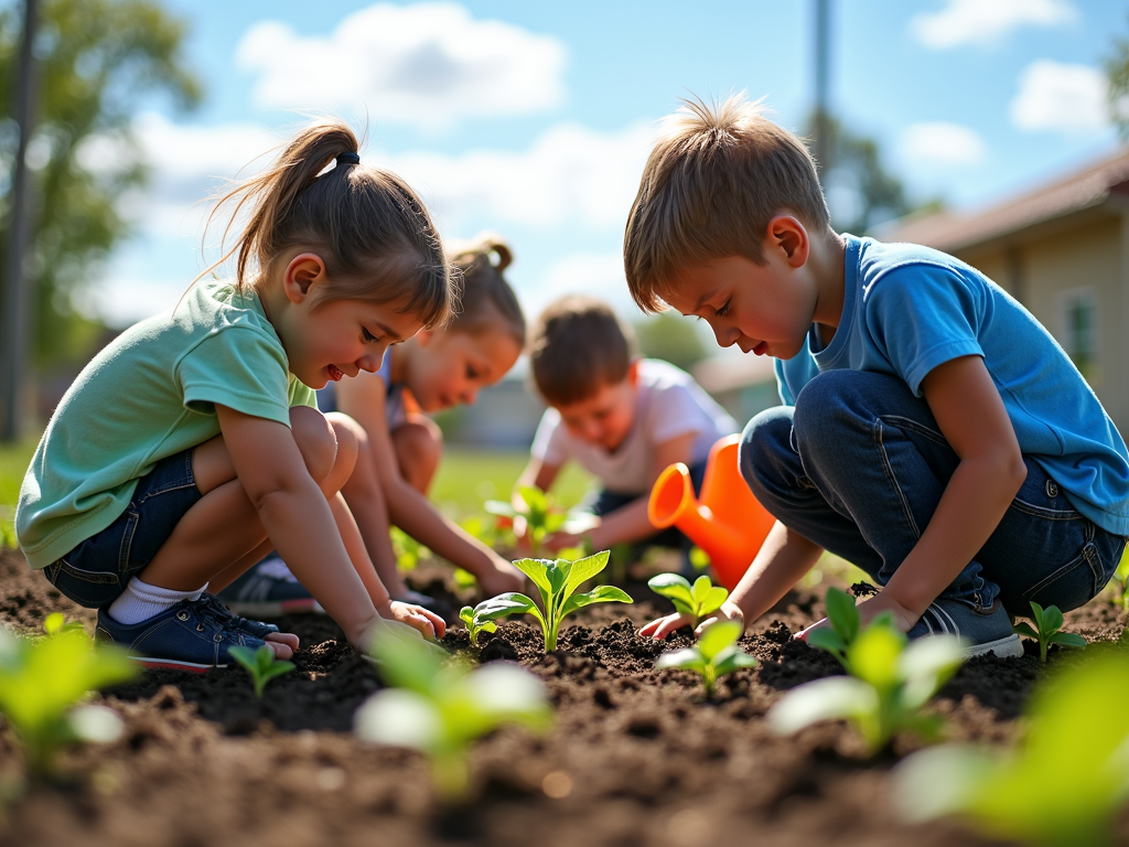 Kids planting a garden during a service learning project