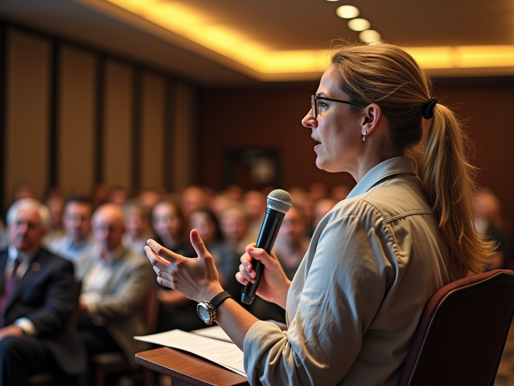 Volunteer advocate speaking at a community meeting