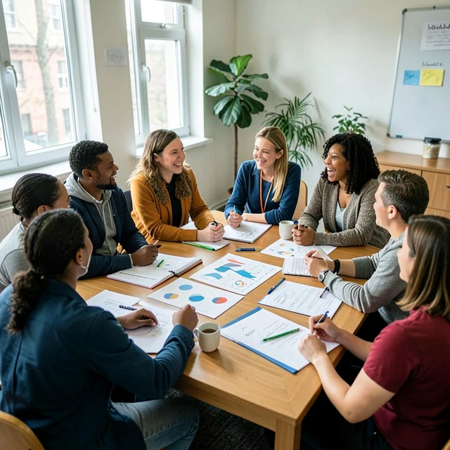Volunteers planning a community service event around a strategy table