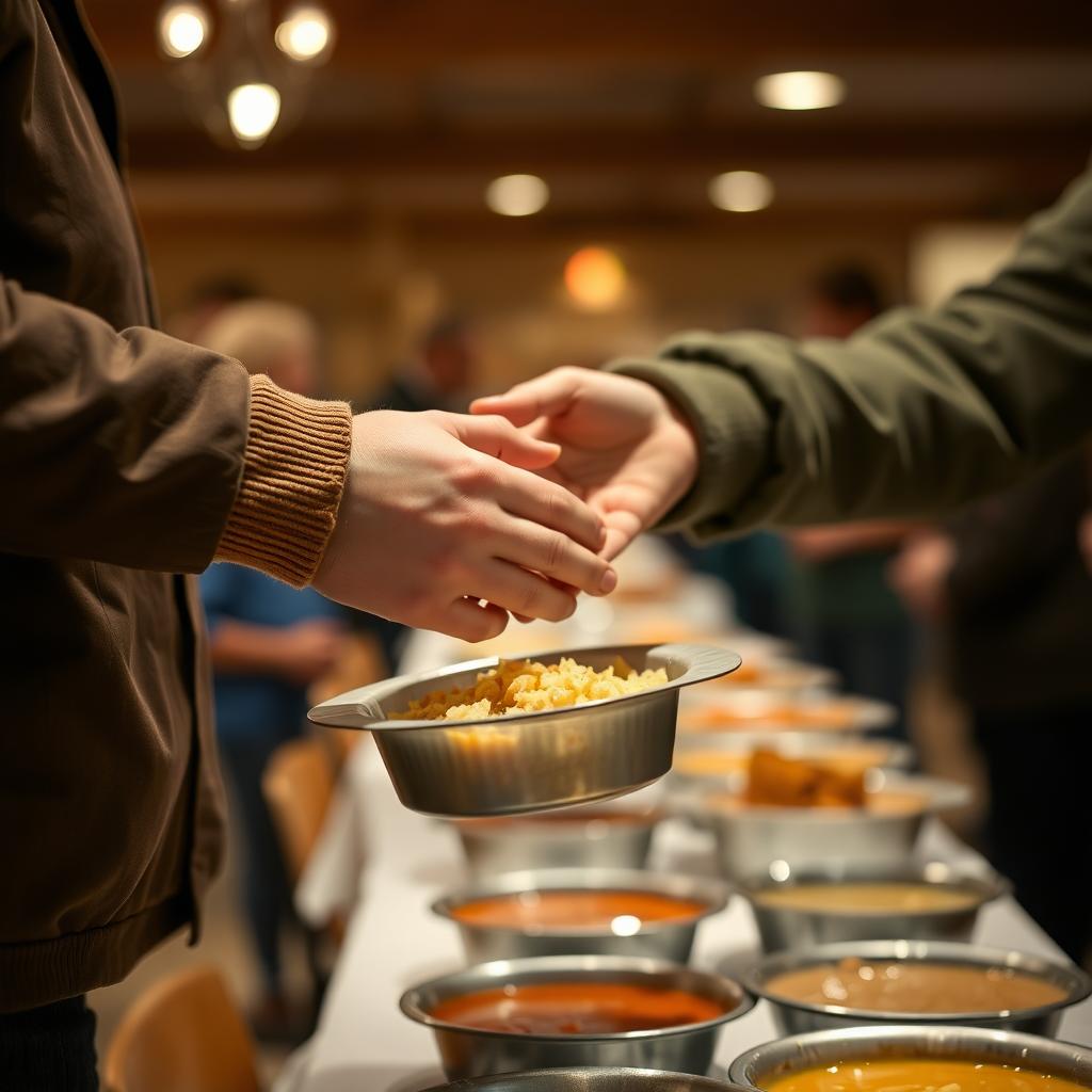 Volunteer handing a warm meal to someone at a soup kitchen.