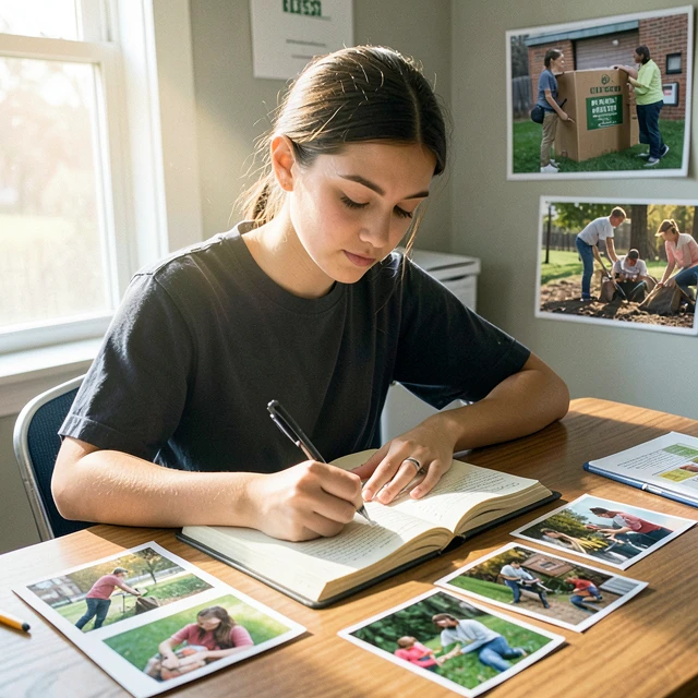 Student thoughtfully writing in a service learning reflection journal