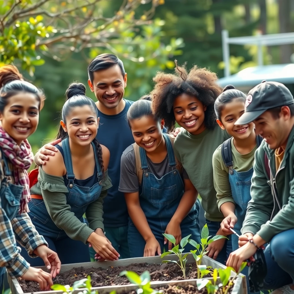 Diverse volunteers working together outdoors on an educational community project
