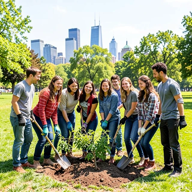 High school students volunteering by planting trees in a community park