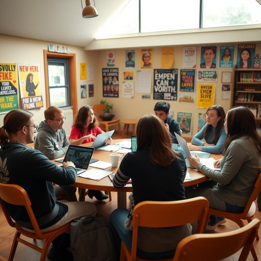 Volunteers brainstorming advocacy strategies in a community center.