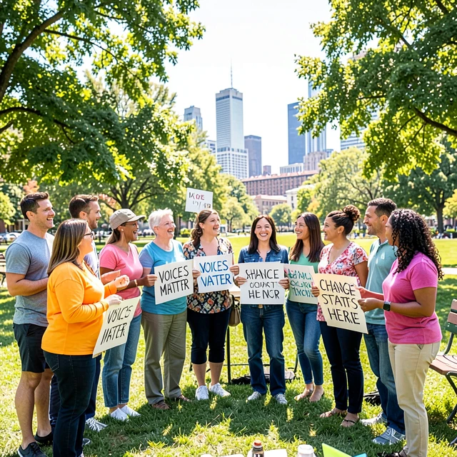 Diverse volunteers planning advocacy event in a community park