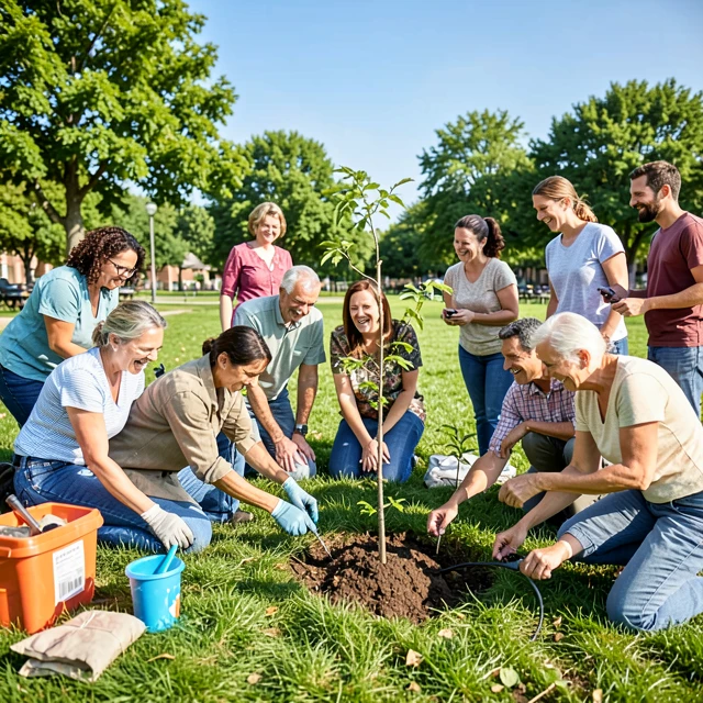 Diverse volunteers collaborating on a community park improvement project