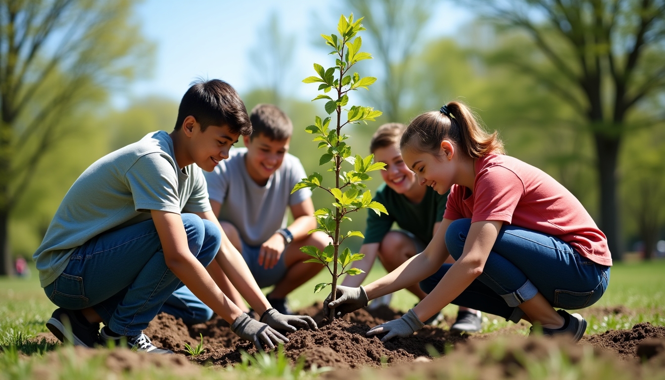 A group of students happily planting trees in a lush green park, symbolizing active involvement in service learning.