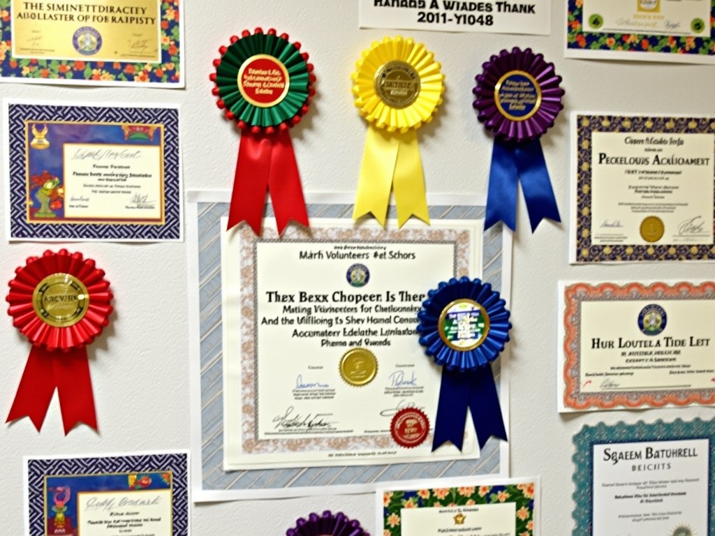 A collage of youth volunteer certificates and awards.