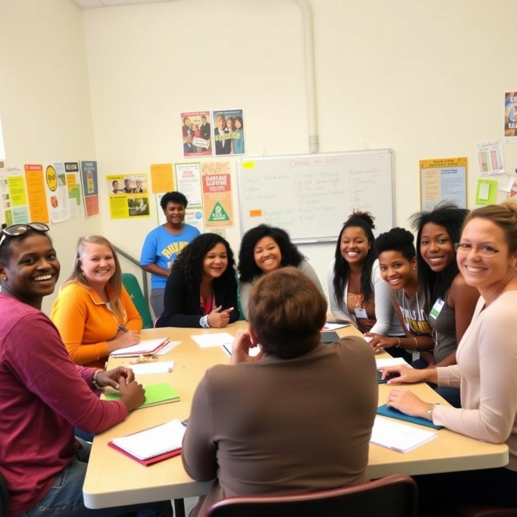 Volunteers collaborating in a bright community center, planning an advocacy campaign with notes and posters in the background.