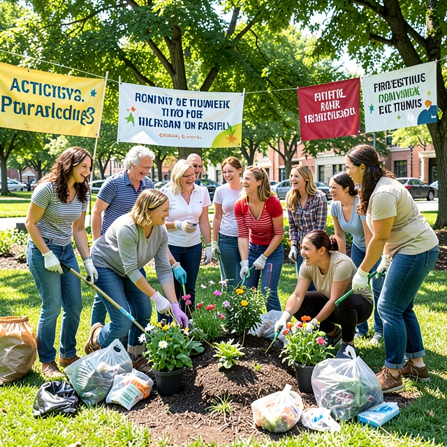 Diverse volunteers working together in a community park cleanup during activism efforts