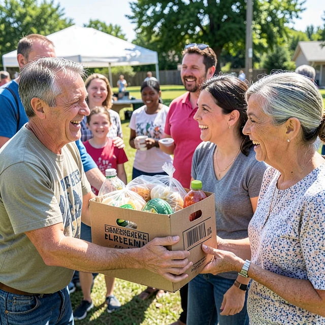Volunteer distributing food boxes to a family in need at a community event