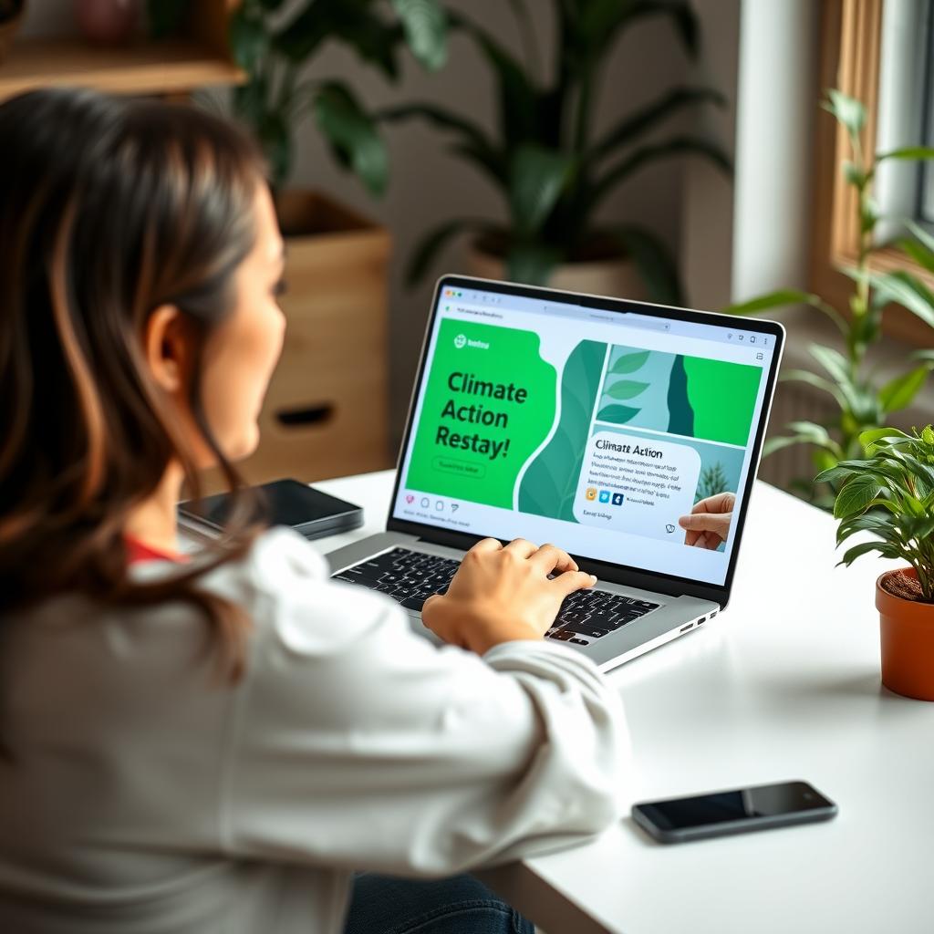 Young woman creating a social media post for an environmental campaign on her laptop.