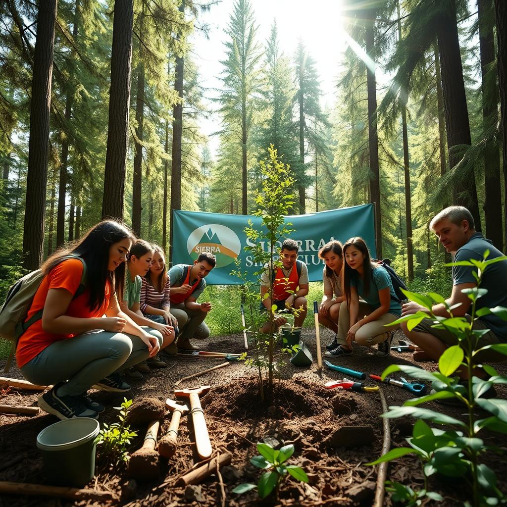 Group of volunteers planting trees in a forest with a Sierra Club banner