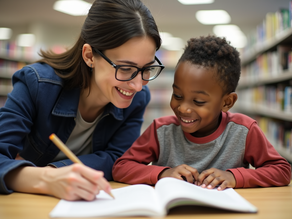 Volunteer tutoring a child in a library.