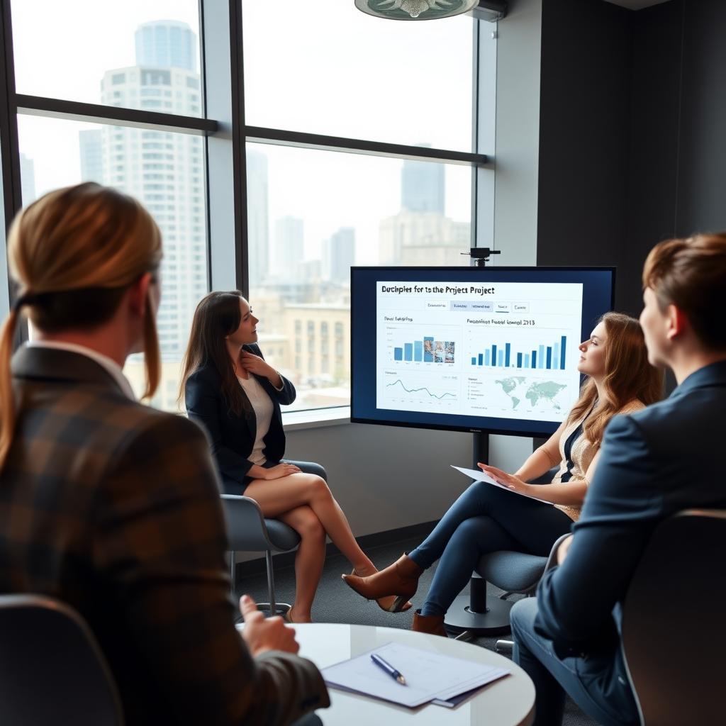 Young woman presenting a project to nonprofit leaders in a modern office with cityscape view.