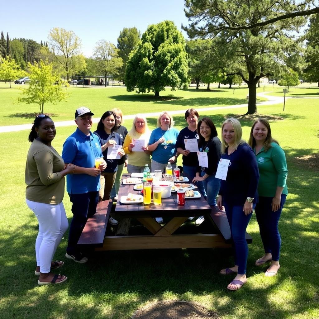 Volunteers enjoying a picnic in a sunny park during an appreciation event.