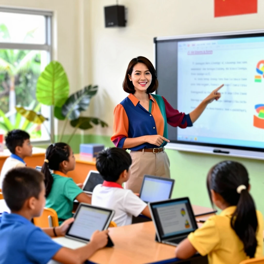 Filipino volunteer Jamie teaching children digital education skills