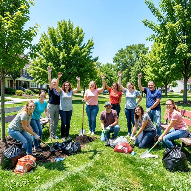 Diverse volunteers collaborating in a community park cleanup