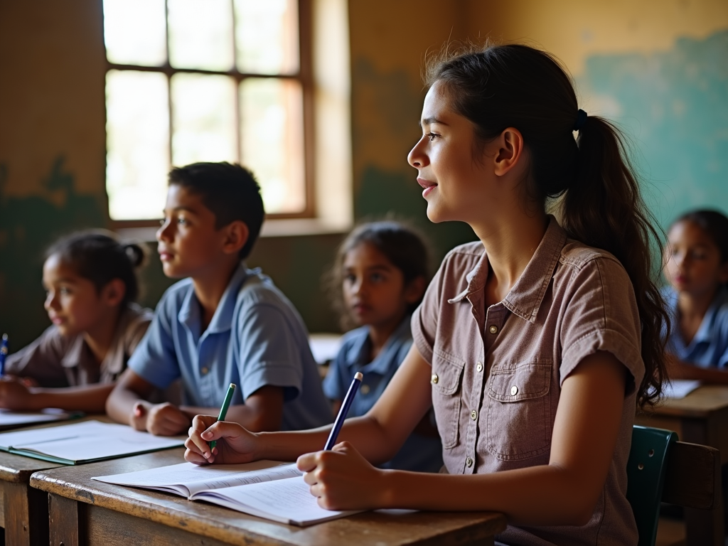 Volunteer teaching English in a rural classroom, bridging language barriers.