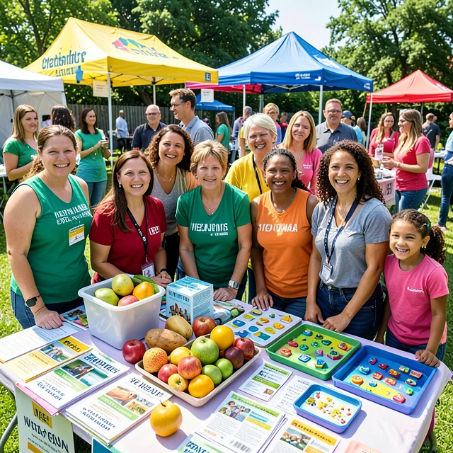 Volunteers bustling at a vibrant community health fair