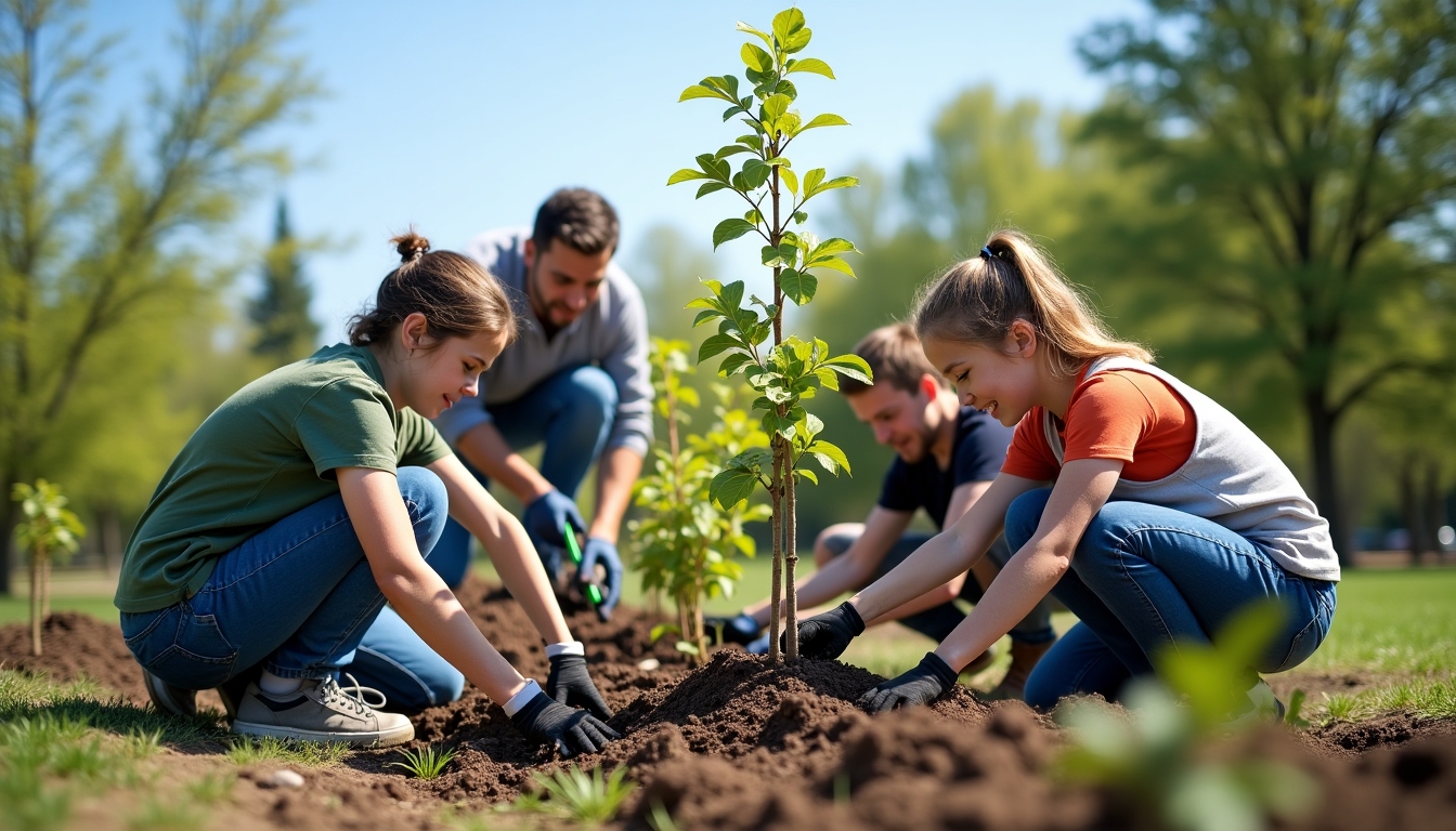 Volunteers planting trees and cleaning a local park, demonstrating teamwork and community spirit.