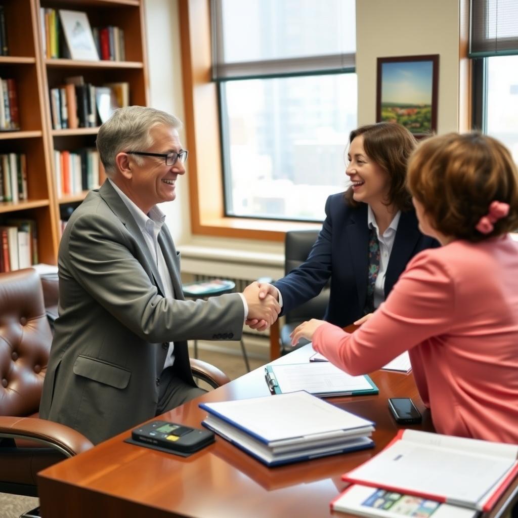 Nonprofit leader shaking hands with a policymaker in a professional office, discussing advocacy efforts.