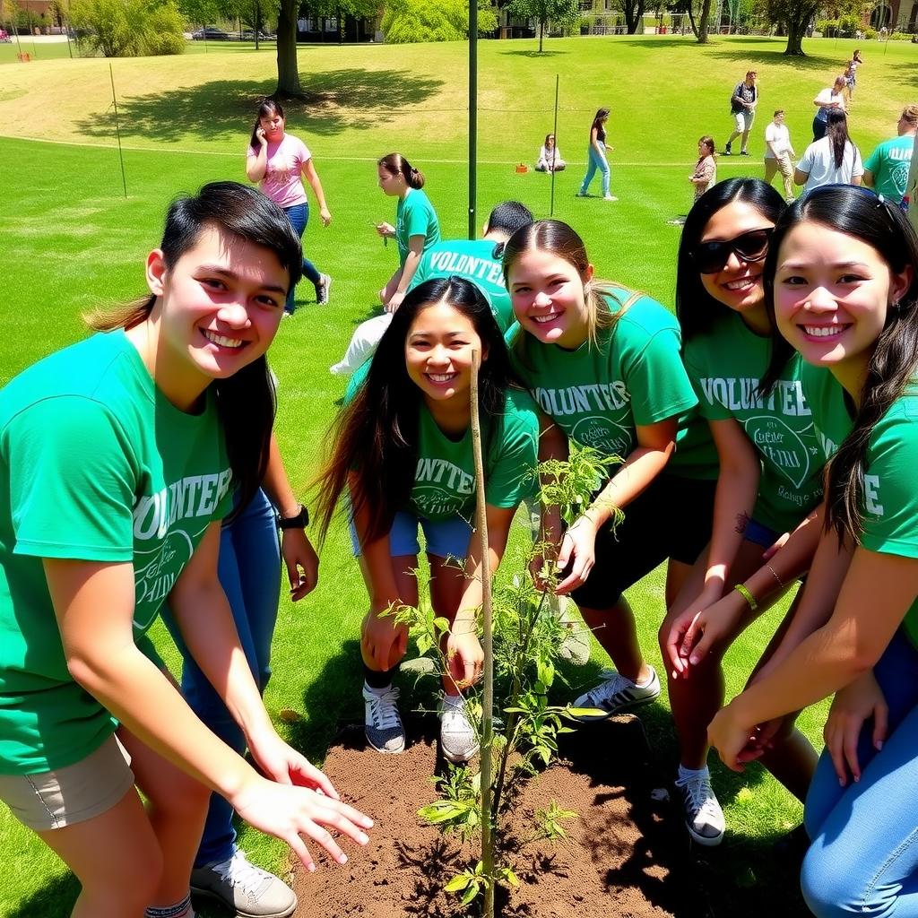 College students volunteering in a park, planting trees.