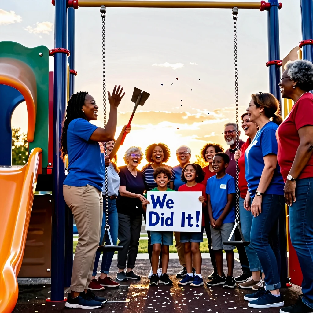 Community celebrating the impact of a completed service learning project at a new playground