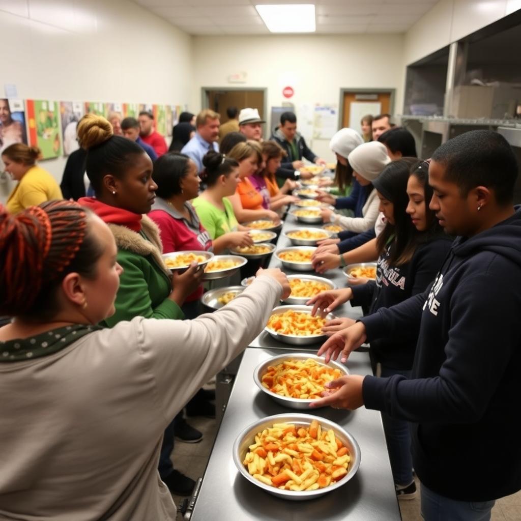 Volunteers serving meals at a lively food bank