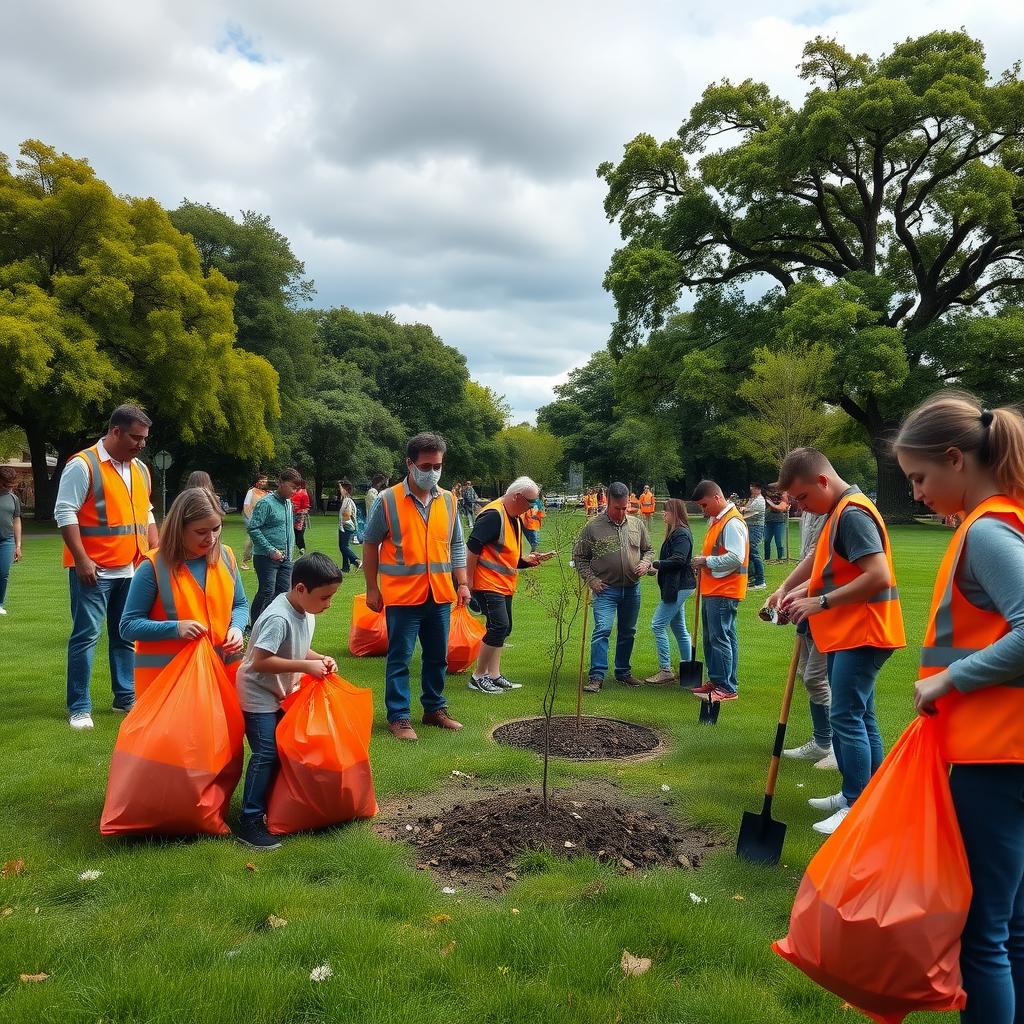 Volunteers cleaning up and planting trees in a community park.