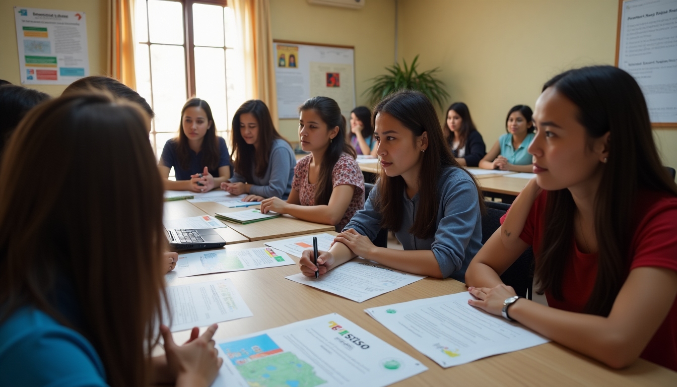 Volunteer orientation session overseas with students receiving guidance.