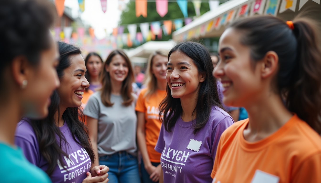 Diverse group of volunteers at a community event promoting social change.