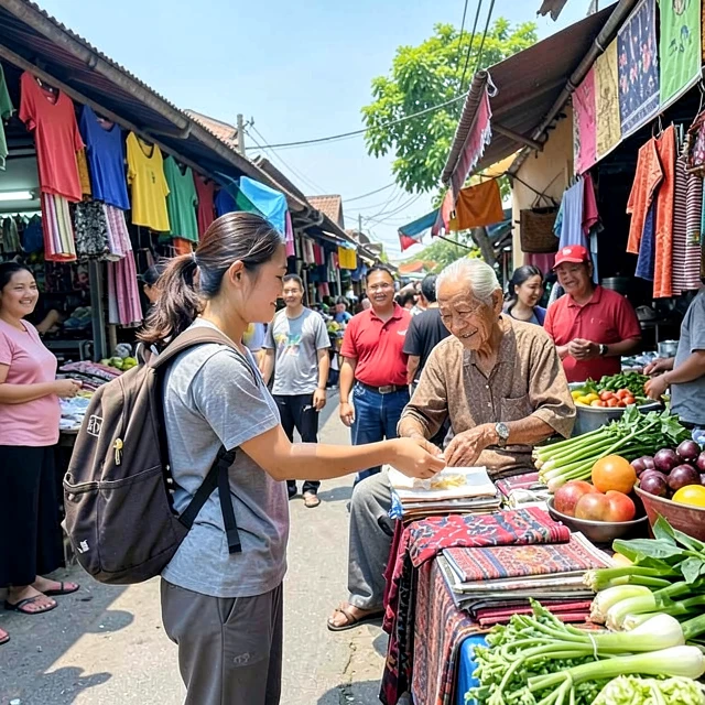 Volunteer engaging with local community in sustainable market abroad