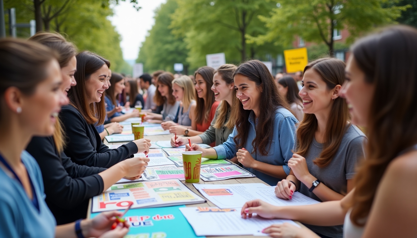 A vibrant event with people gathering around, interacting and participating