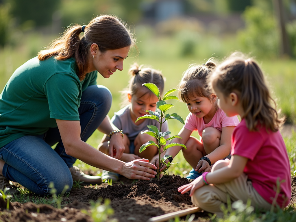 Volunteer teaching children to plant trees