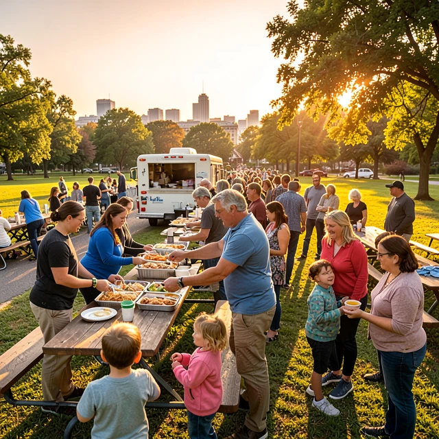 Volunteers serving meals at a community outreach event