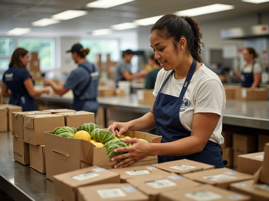 Volunteers packing food donations