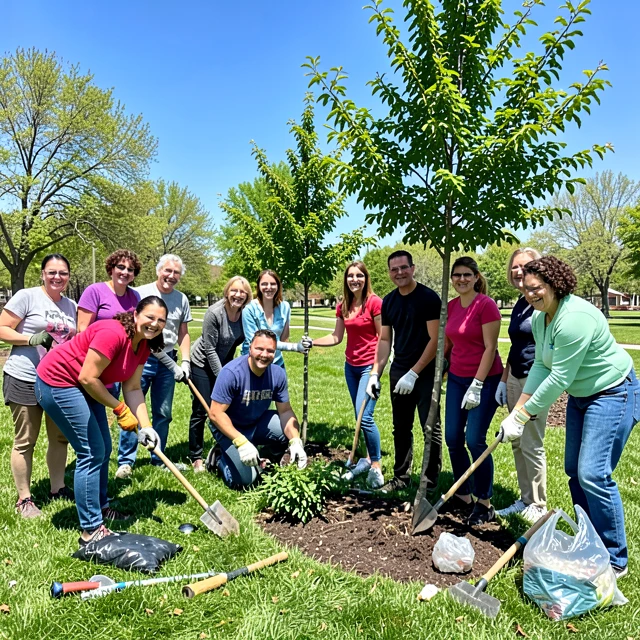 Diverse volunteers collaborating happily on a community improvement project