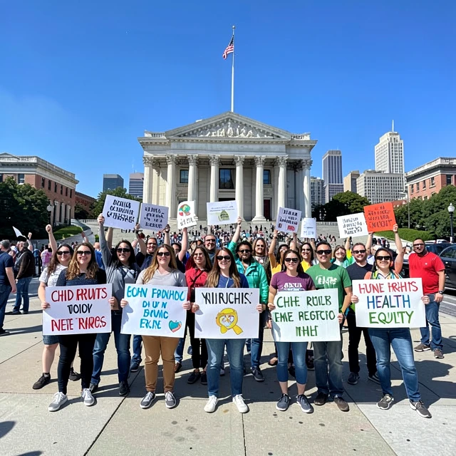 Advocacy volunteers rallying for policy change outside capitol