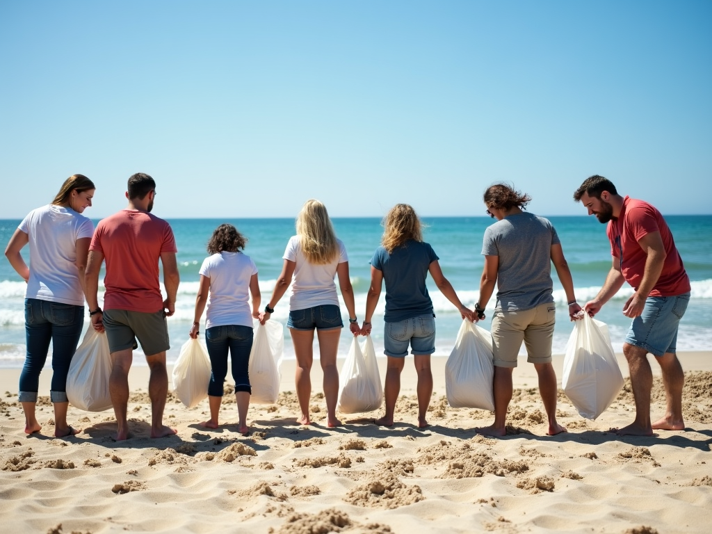 Volunteers cleaning a beach.