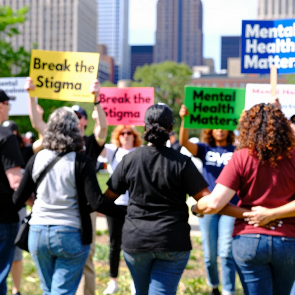 Volunteers advocating for mental health awareness in a city rally