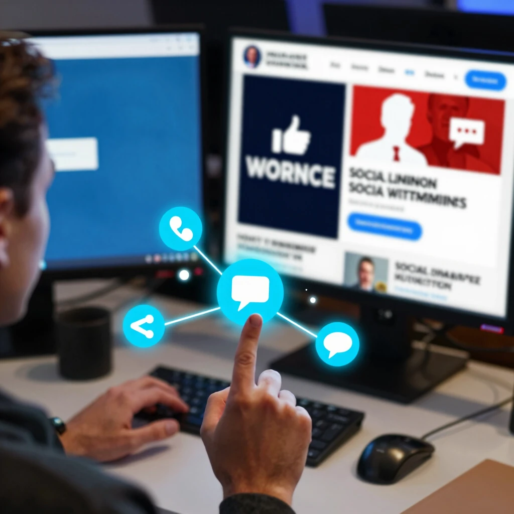 Person engaging with political social media content on multiple screens with network overlays