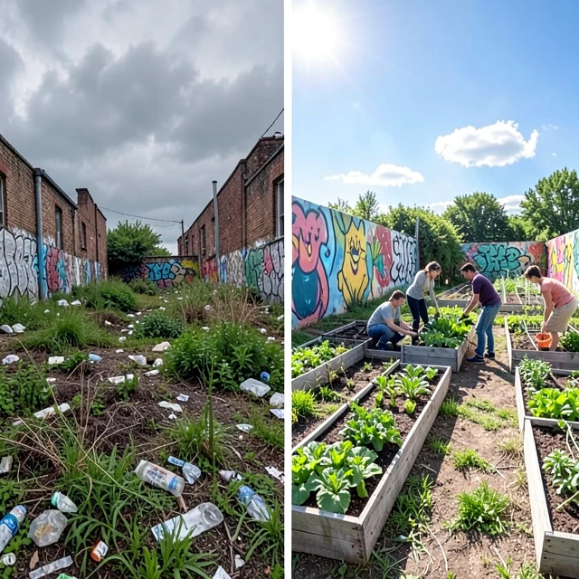Before-and-after view of a transformed community garden project