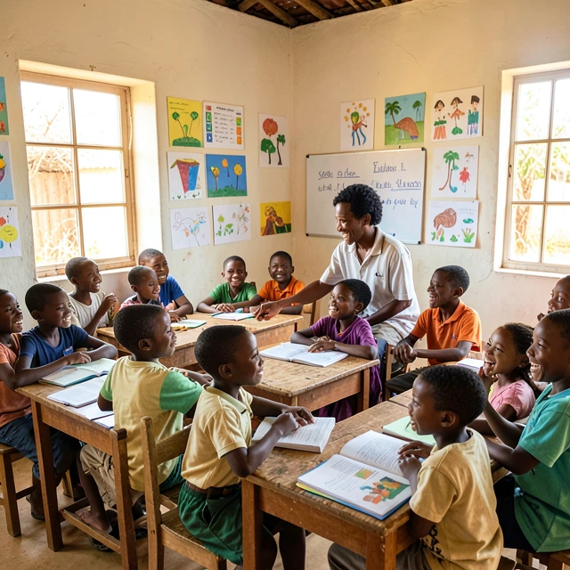 Volunteer teaching children in an African classroom
