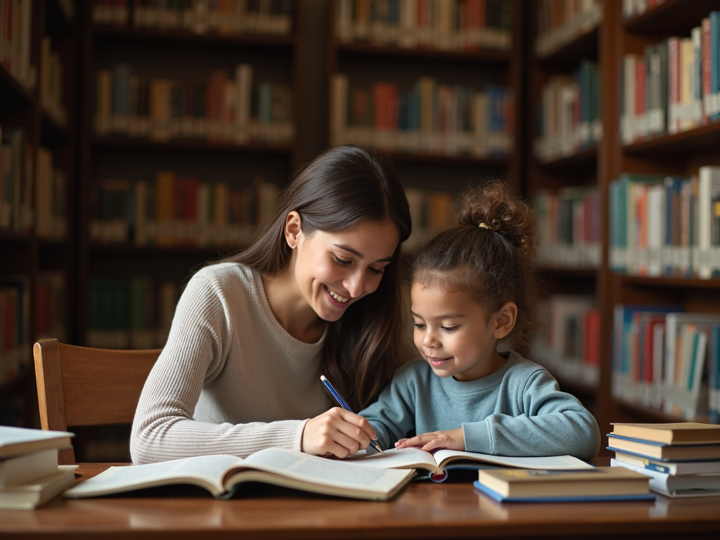 A student tutoring a child during a service learning session in a library.