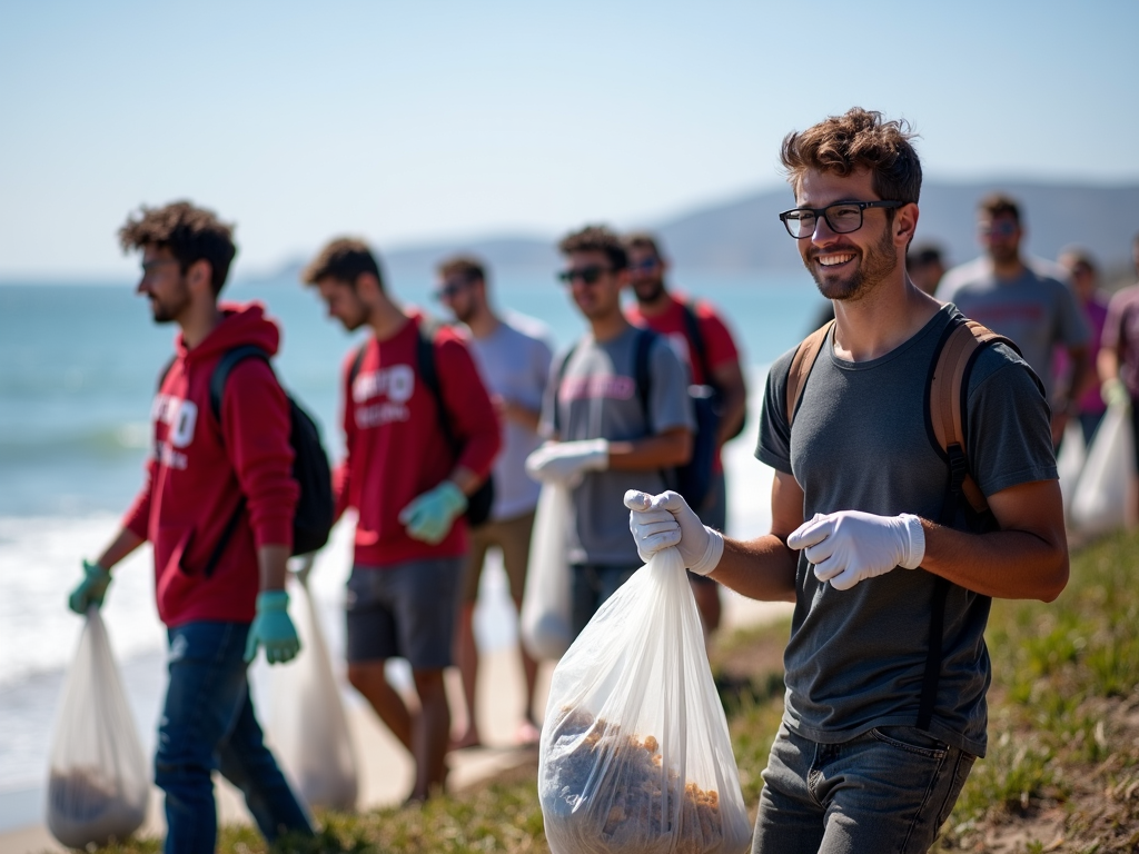 Stanford students cleaning up a beach as part of a volunteer opportunity.